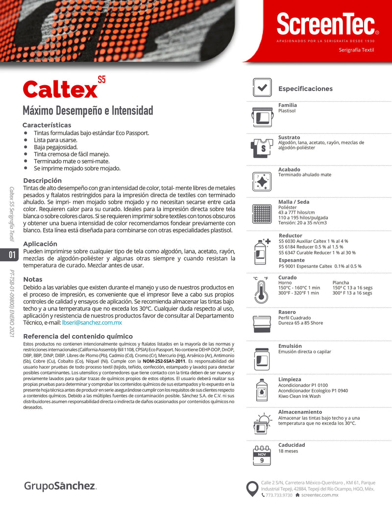 BASE TRANSPARENTE CALTEX TINTA 1 KG S5 6025. PARA TELAS: ALGODON, LANA, ACETATO, RAYON, ALGODÓN-POLIESTER.