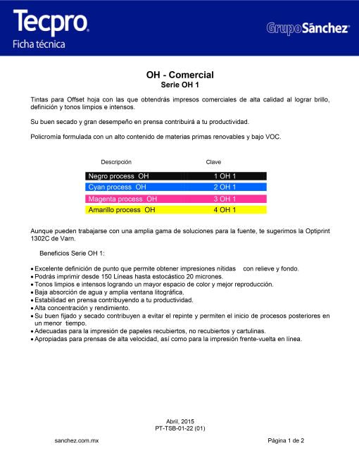 TINTA PARA PRENSA OFFSET COLOR	AMARILLO PROCESS CLAVE 4 OH 1 CONTENIDO 1 KG MARCA	TECPRO SANCHEZ	PRODUCCION EN MEXICO