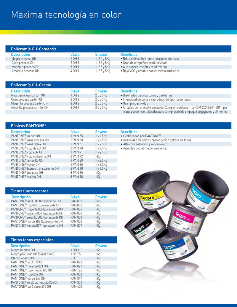 TINTA PARA PRENSA OFFSET COLOR	AMARILLO  CLAVE	4 PAN 80 CONTENIDO 1 KG	MARCA	TECPRO SANCHEZ	PRODUCCION EN MEXICO