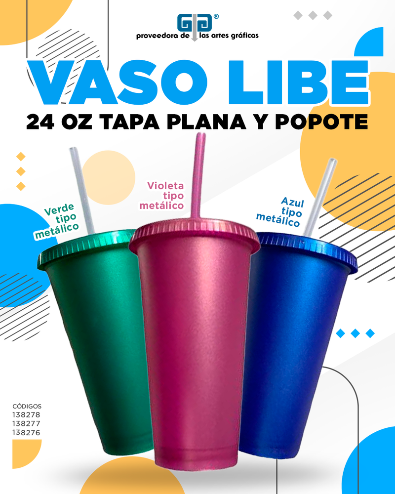 VASO LIBE 24 OZ VERDE TIPO METALICO CON TAPA PLANA Y POPOTE