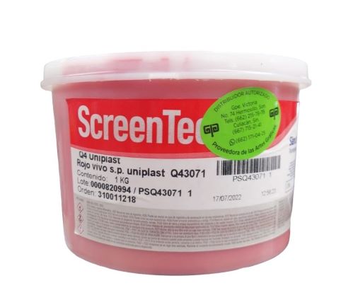 ROJO VIVO UNIPLAST VINILO BRILLANTE TINTA 1 KG Q4 3071, PARA PVC, PET, ESTIRENO Y PLASTICOS