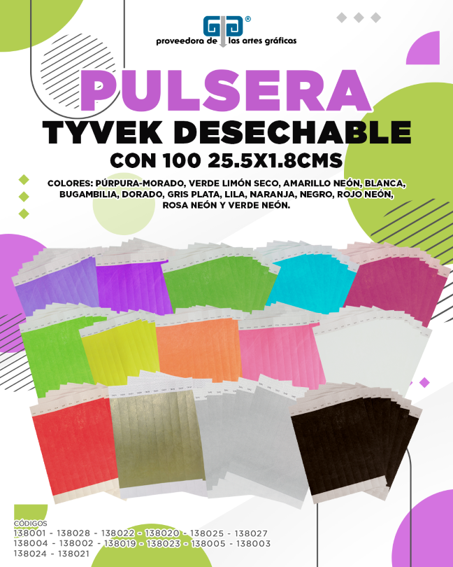 PULSERA PAPEL TYVEK DESECHABLE VARIEDAD EN COLORES C/100 25.5x1.8cm