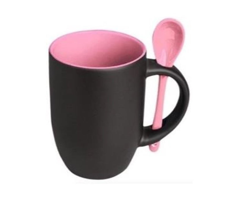 TAZA MAGICA NEGRA INTERIOR Y CUCHARA ROSA 11 OZ