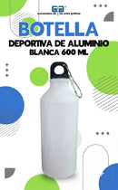 BOTELLA DE ALUMINIO DEPORTIVA BLANCA  CON TAPON NEGRO Y ARGOLLA