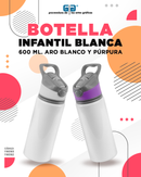 BOTELLA DE ALUMINIO INFANTIL BLANCA CON ARO DE COLOR 600 ML