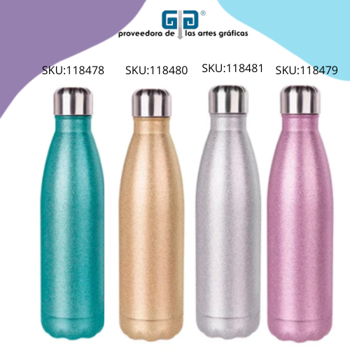 BOTELLA DE ALUMINIO TIPO LECHERA GLITTER COLORES 500 ML
