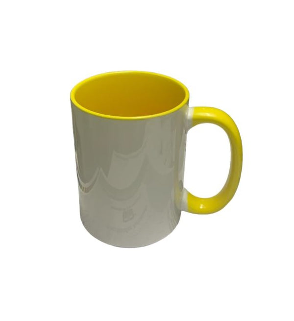 TAZA BLANCA INTERIOR Y ASA AMARILLA 15 OZ