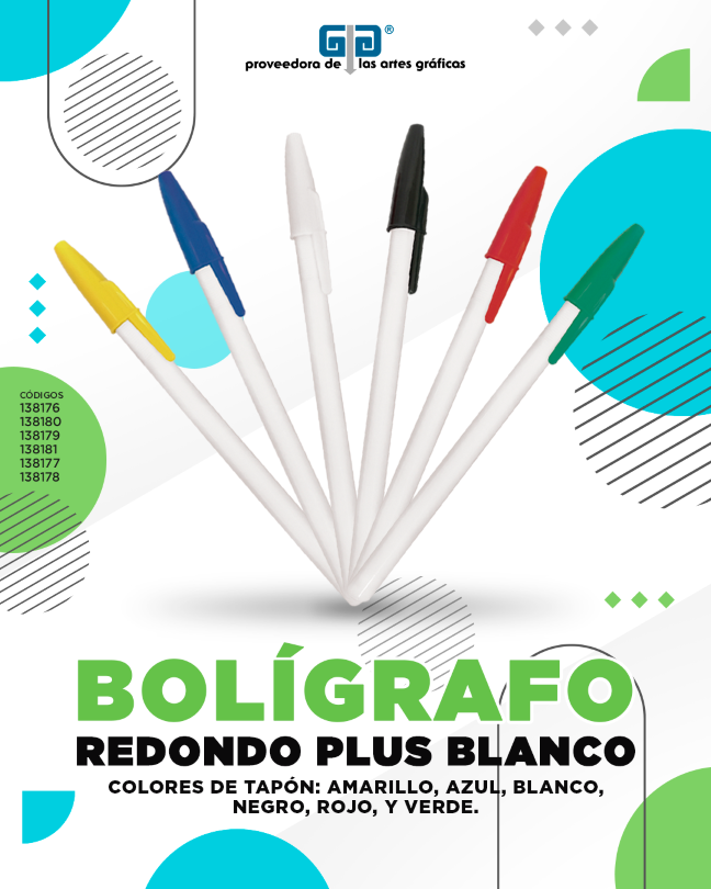 BOLIGRAFO (PLUMA) REDONDO PLUS BLANCO TAPON NEGRO