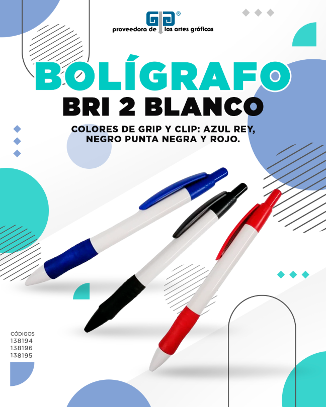 BOLIGRAFO (PLUMA) BRI 2 BLANCO CON GRIP Y CLIP Y PUNTAS NEGRO