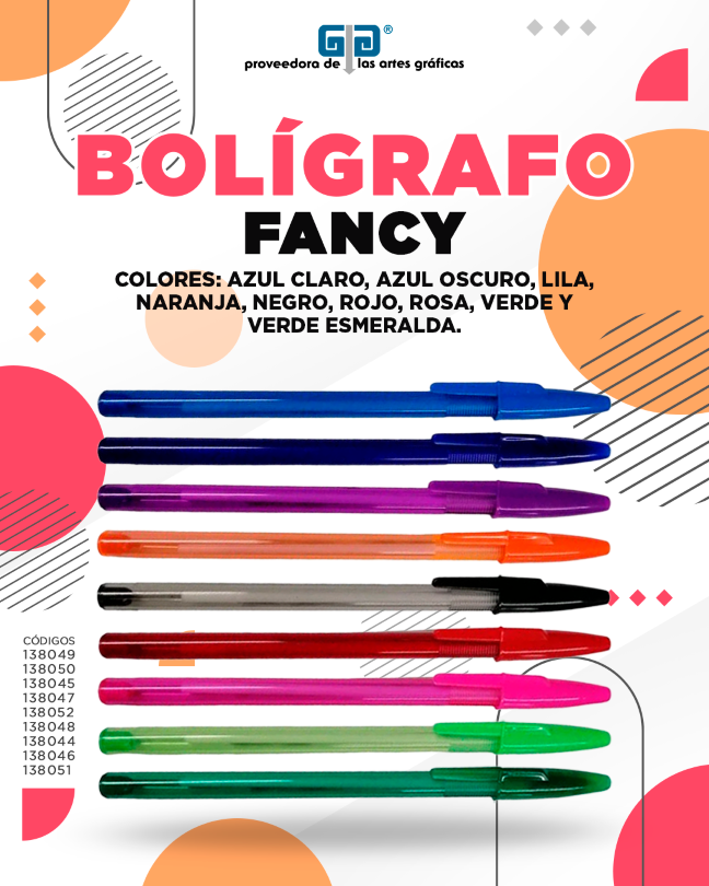 BOLIGRAFO (PLUMA) FANCY COLOR TRANSLUCIDO Y TAPON NEGRO