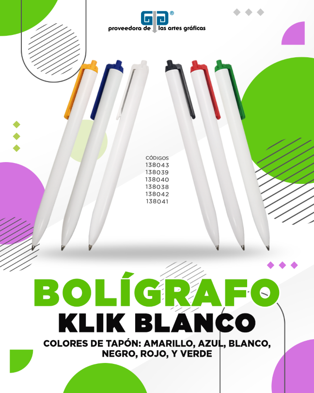 BOLIGRAFO (PLUMA) KLIK BLANCO CON TAPON AMARILLO