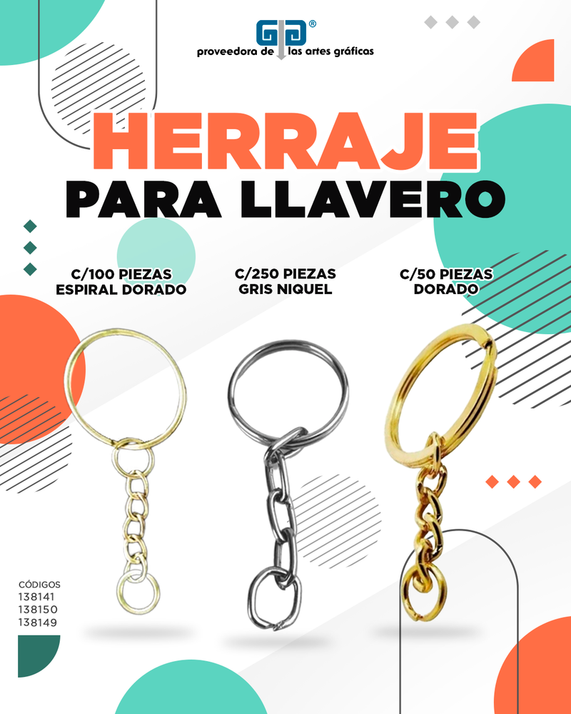 HERRAJE PARA LLAVERO CON 50 PIEZAS DORADO