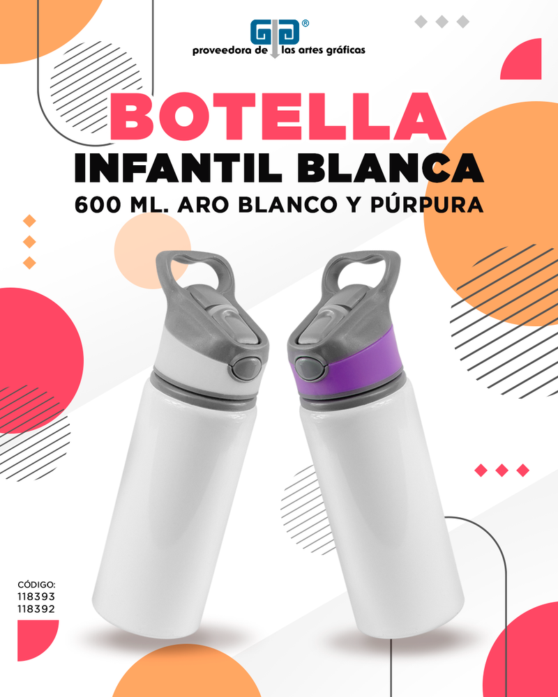 BOTELLA ALUMINIO INFANTIL BLANCA ARO MORADO PARA SUBLIMAR 600 ML SUBLIMACION ENCOGRAPHICS