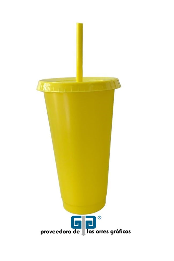 VASO LIBE 24 OZ AMARILLO MATE SOLIDO TAPA PLANA AMARILLA Y POPOTE AMARILLO