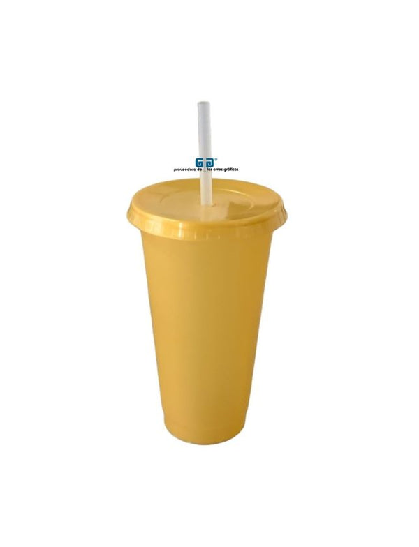 VASO LIBE 24 OZ ORO AMARILLO SOLIDO TAPA PLANA ORO Y POPOTE NATURAL