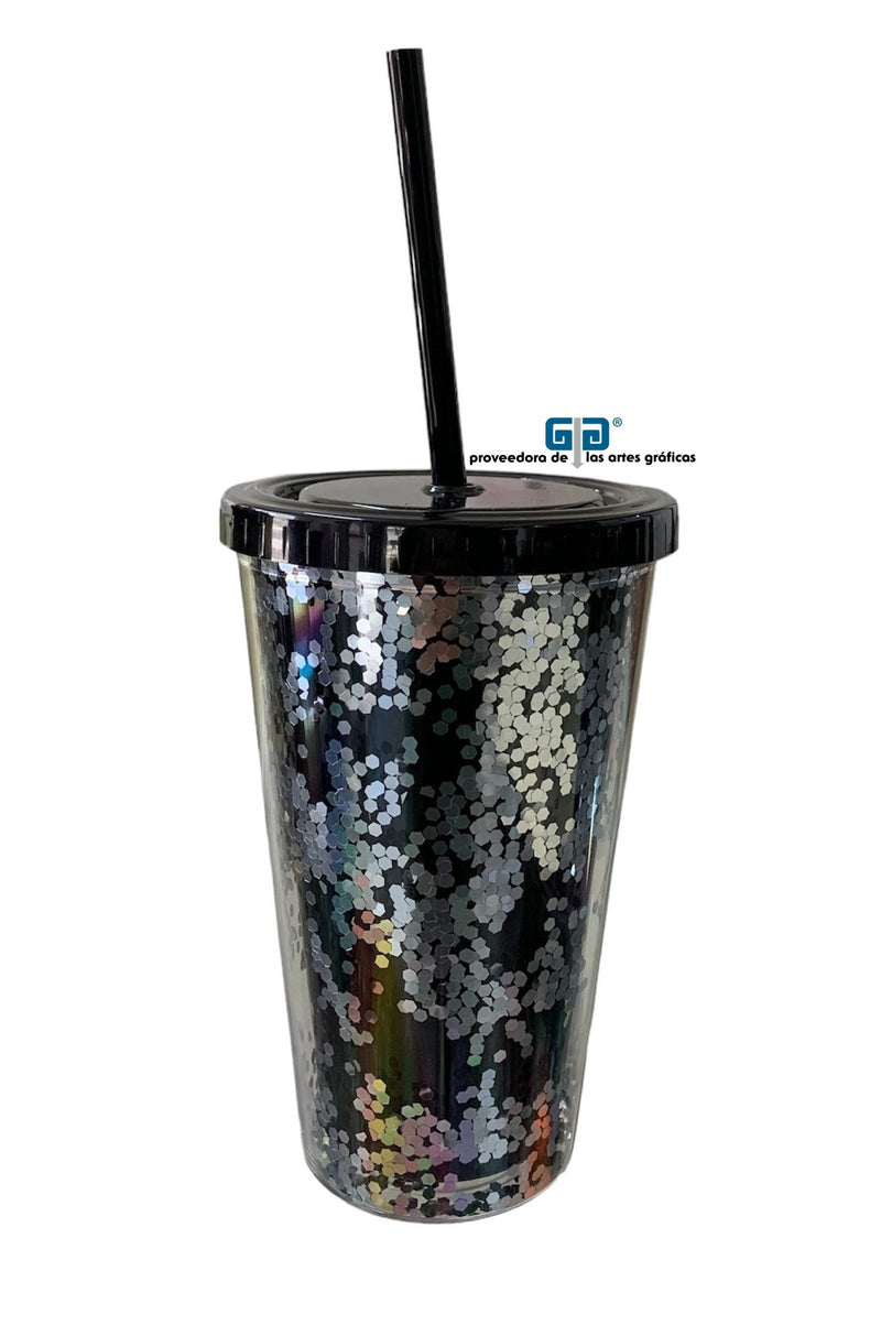 VASO LIKY PLATA GLITTER DOBLE FONDO TAPA Y POPOTE NEGRO