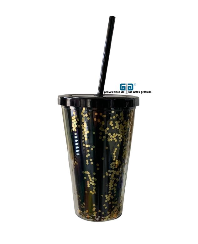 VASO LIKY ORO GLITTER, DOBLE FONDO TAPA Y POPOTE NEGRO