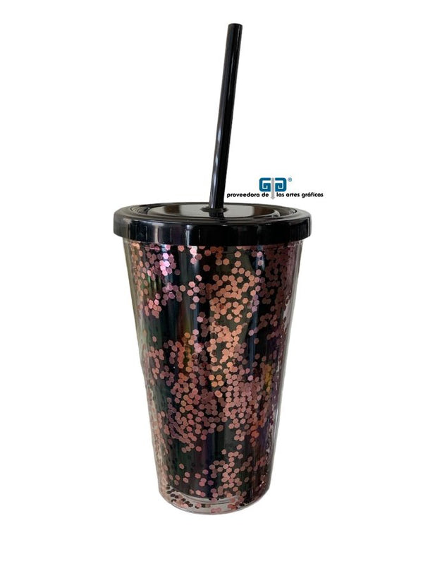 VASO LIKY ROSA GLITTER DOBLE FONDO TAPA Y POPOTE NEGRO