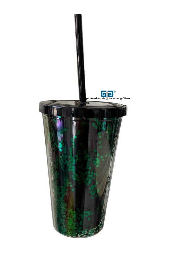 VASO LIKY VERDE GLITTER DOBLE FONDO TAPA Y POPOTE NEGRO