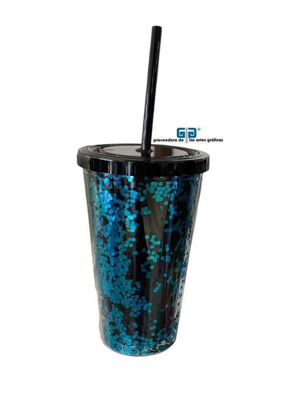 VASO LIKY GLITTER DOBLE FONDO TAPA Y POPOTE NEGRO