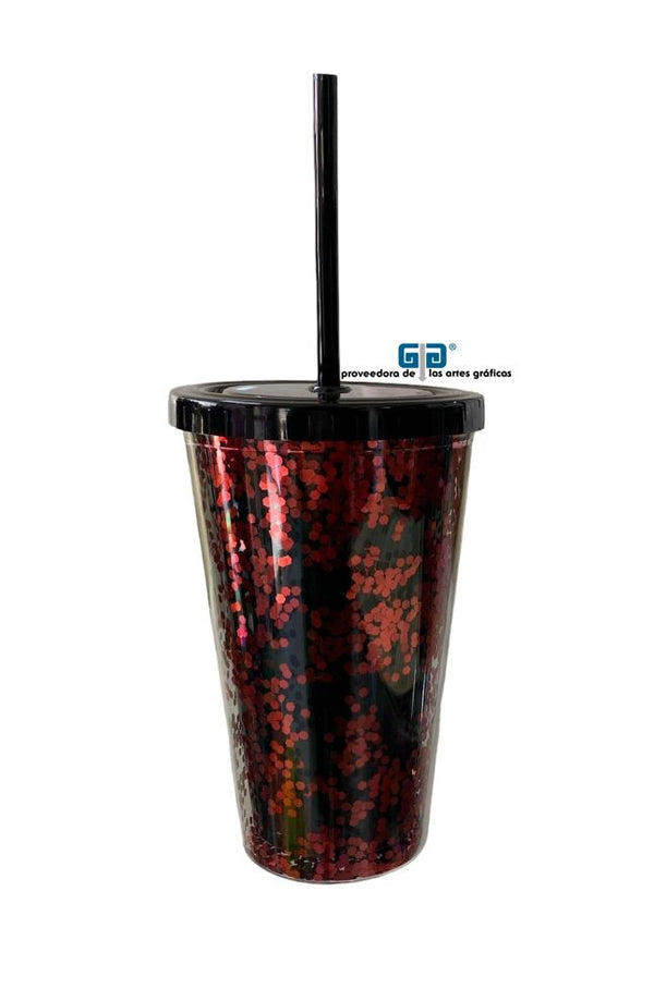 VASO LIKY ROJO GLITTER DOBLE FONDO TAPA Y POPOTE NEGRO