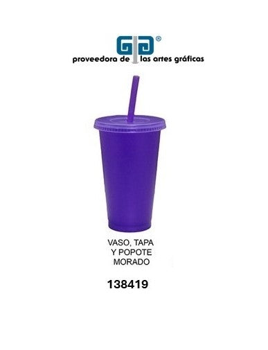 VASO PIXY 16 OZ TAPA Y POPOTE MORADO