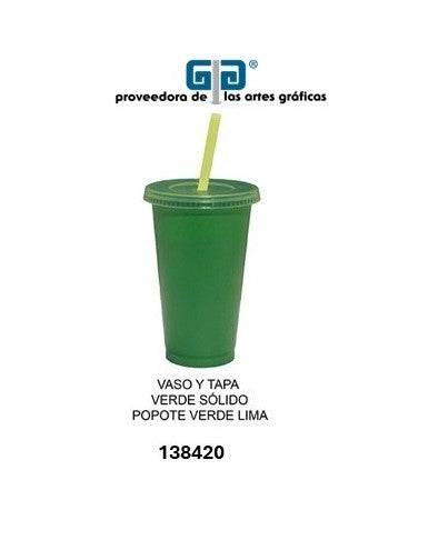 VASO PIXY 16 OZ CON VASO Y POPOTE VERDE SOLIDO Y POPOTE VERDE LIMA