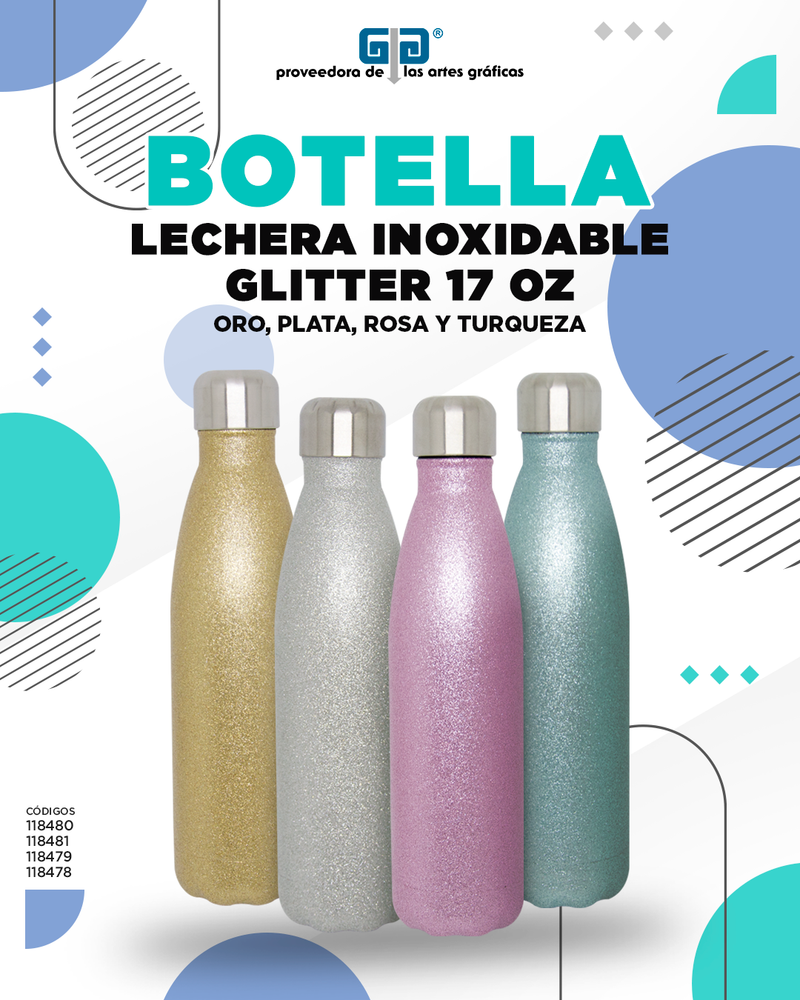 BOTELLA ACERO INOXIDABLE LECHERA GLITTER PLATA PZ PARA SUBLIMAR 17 OZ 500 ML SUBLIMACION ENCOGRAPHICS