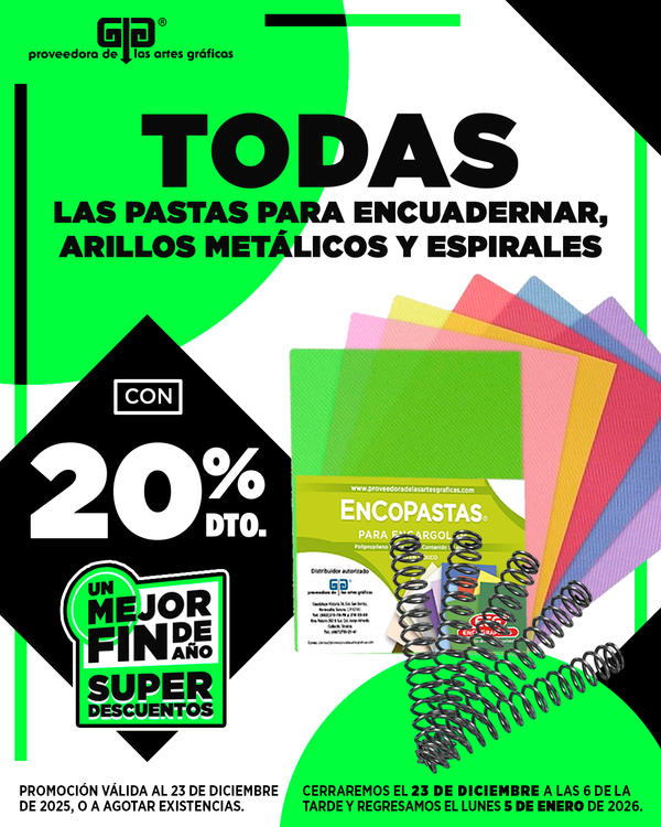 Descuento en Pastas, Arillos espirales plásticos y metálicos, Bobinas, con 20%