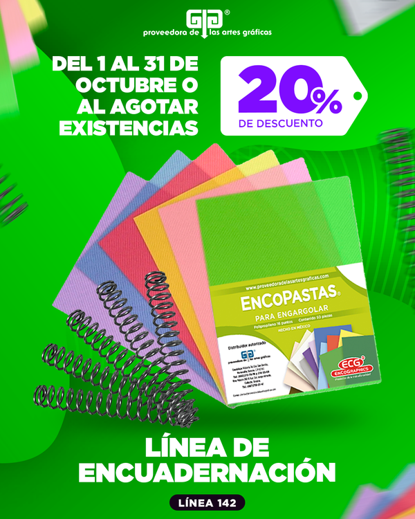 Descuento en Pastas, Arillos espirales plásticos y metálicos, Bobinas, con 20%