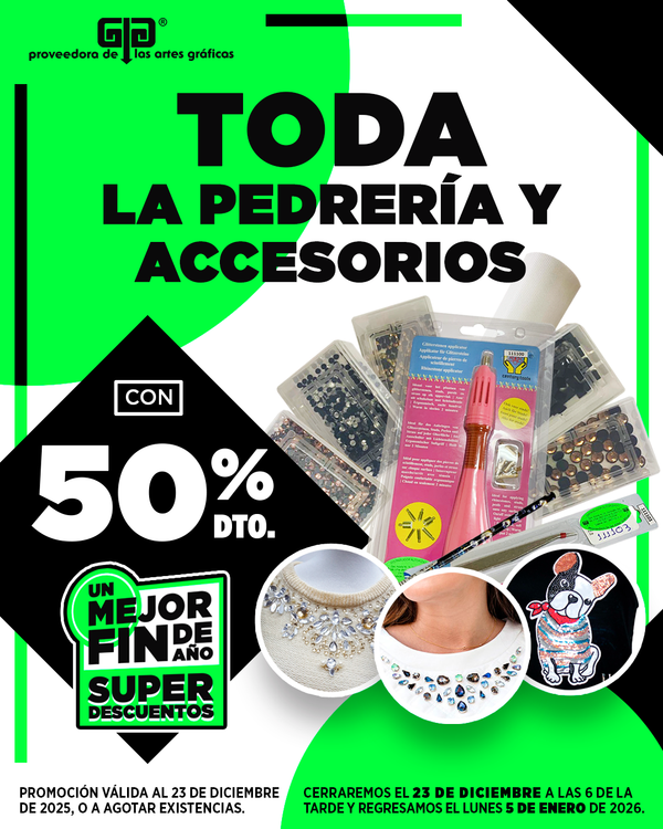 Descuento en pedrería y lentejuelas 50%