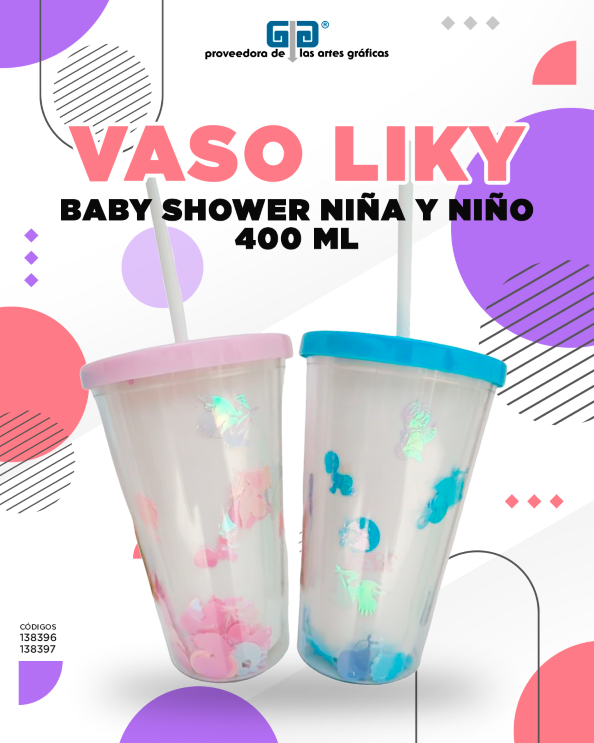 VASO LIKY BABY SHOWER NIÑO 400 ML CON TAPA Y POPOTE