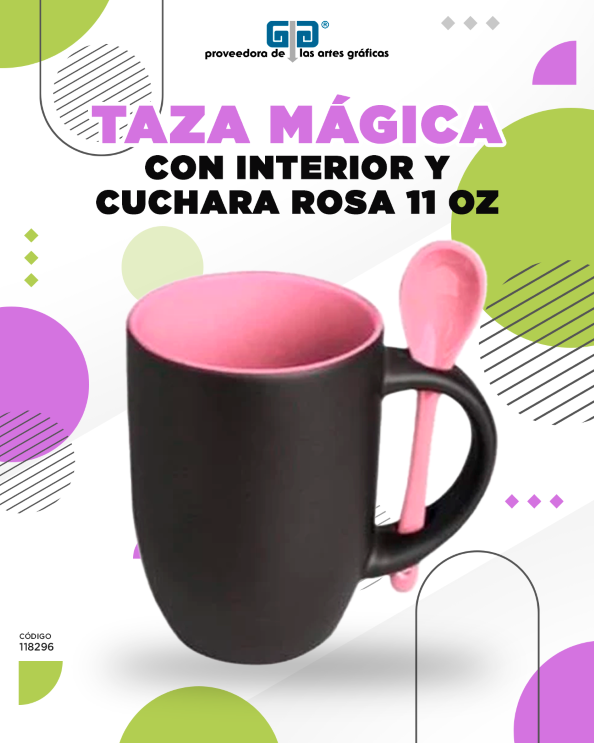 TAZA MAGICA NEGRA INTERIOR Y CUCHARA ROSA 11 OZ