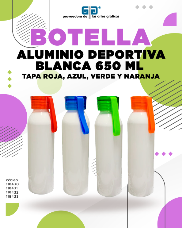 BOTELLA DE ALUMINIO PORTABLE DEPORTIVA BLANCA TAPA ROJA 650 ML