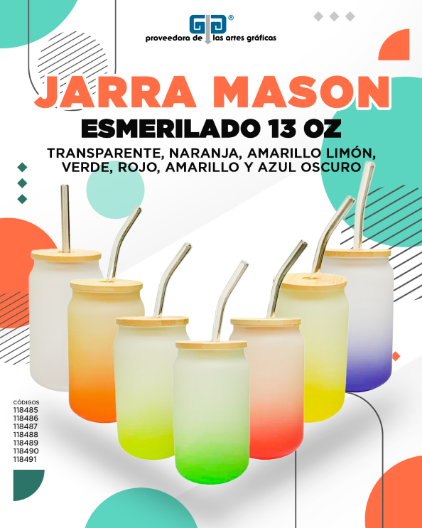 JARRA MASON VIDRIO ESMERILADO AMARILLO LIMON TAPA Y POPOTE 13 OZ