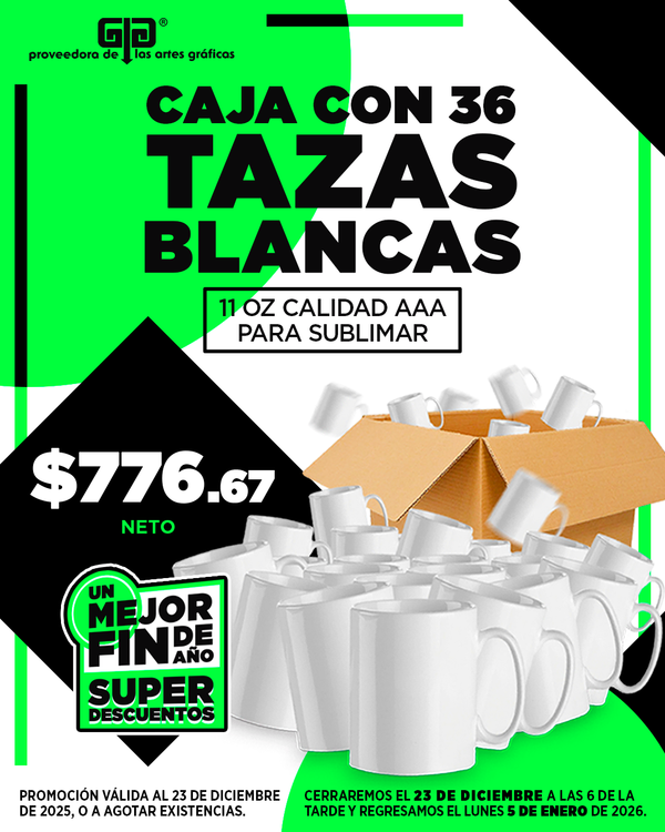 TAZA BLANCA PARA SUBLIMAR 11 OZ CAJA CON 36 PIEZAS $776.67