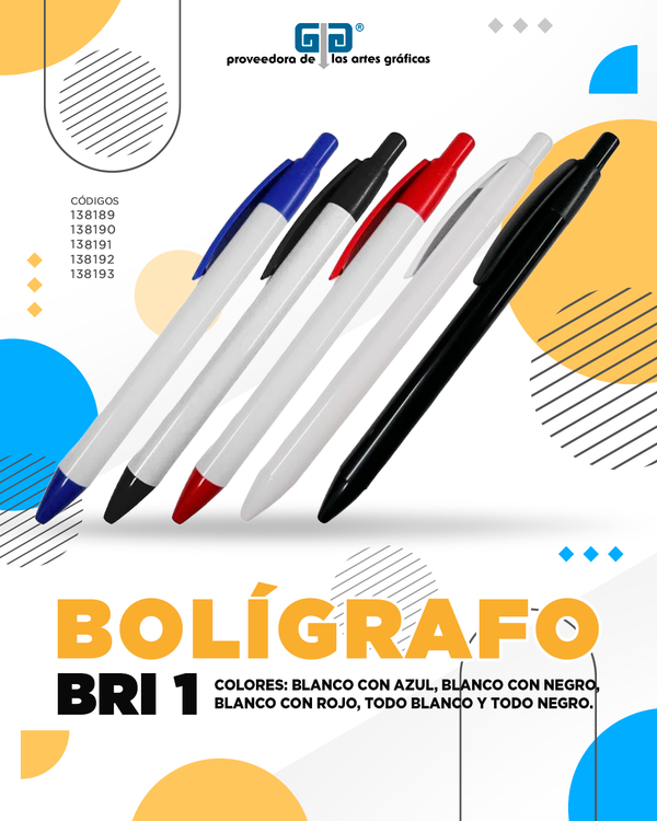 BOLIGRAFO (PLUMA) BRI 1 BLANCO CON PUNTAS Y CLIP DE COLOR Y COLOR TOTAL NEGRO O COLOR TOTAL BLANCO