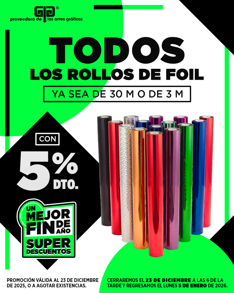 FOIL colores rollos de 30 metros y de 3 metros con 5%