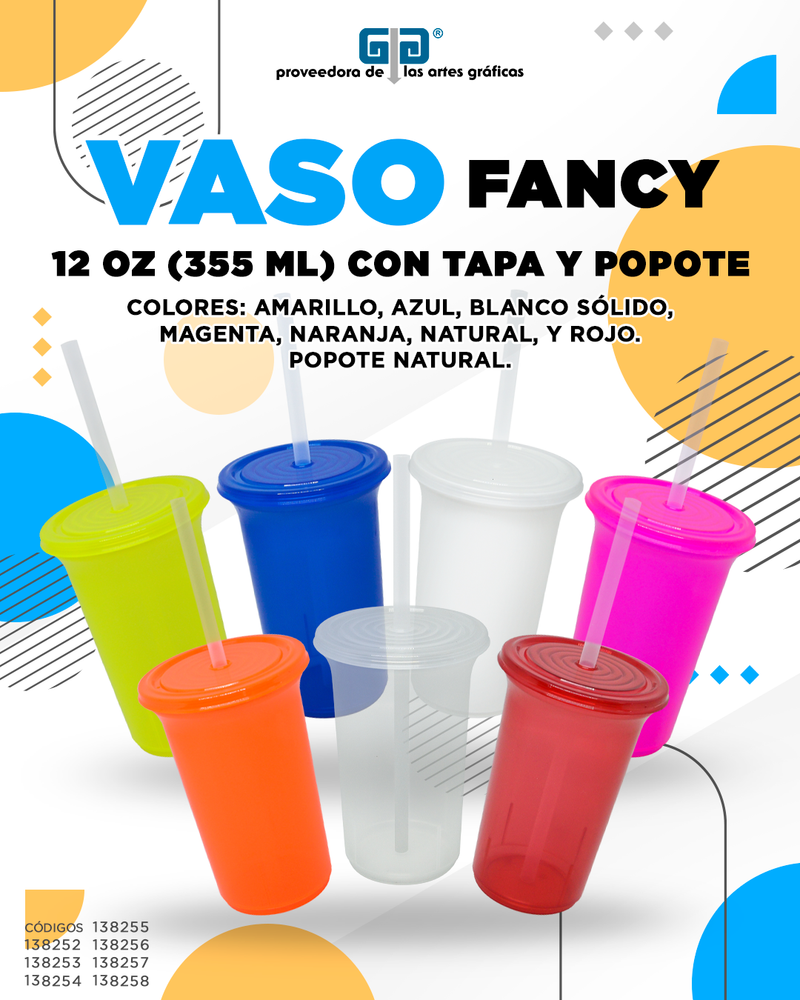 VASO FANCY  12 OZ CON TAPA Y POPOTE VARIEDAD EN COLORES Y POPOTE NATURAL 355 ML