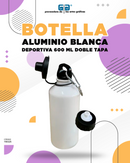 BOTELLA DE ALUMINIO BLANCA DEPORTIVA 600 ML DOBLE TAPA