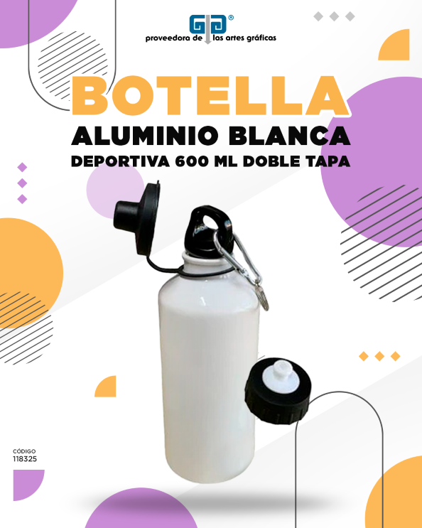 BOTELLA ALUMINIO BLANCA DEPORTIVA 600 ML DOBLE TAPA