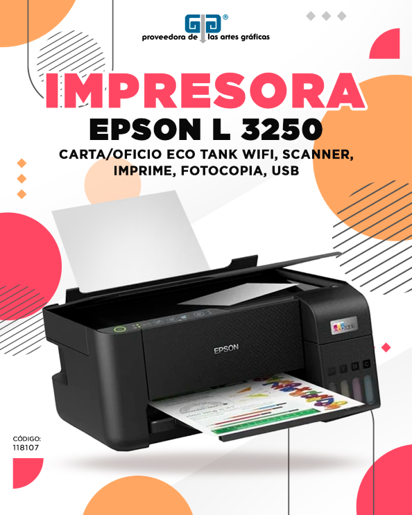 IMPRESORA EPSON L 3250 TAMAÑO CARTA ECO TANK WiFi, SCANNER, IMPRIME, FOTOCOPIA, USB