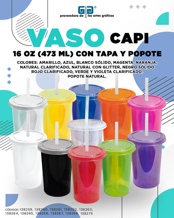 VASO CAPI 16 OZ VASO Y TAPA MISMO COLOR, POPOTE NATURAL, 473 ML VARIEDAD EN COLORES