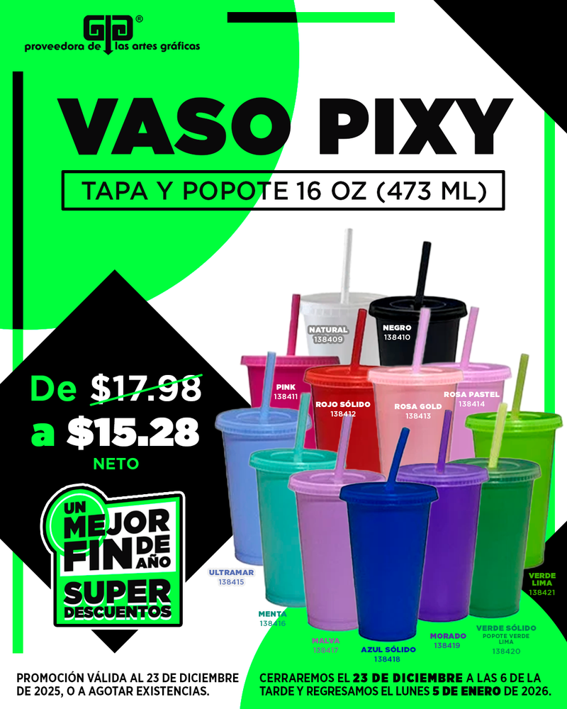 VASO PIXY TAPA Y POPOTE 16 OZ EN $15.28