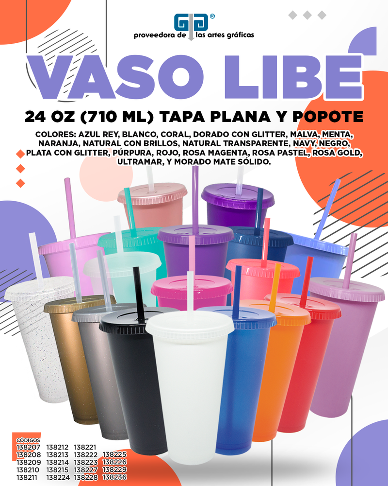 VASO LIBE 24 OZ TAPA PLANA Y POPOTE VARIEDAD EN COLORES 710 ML