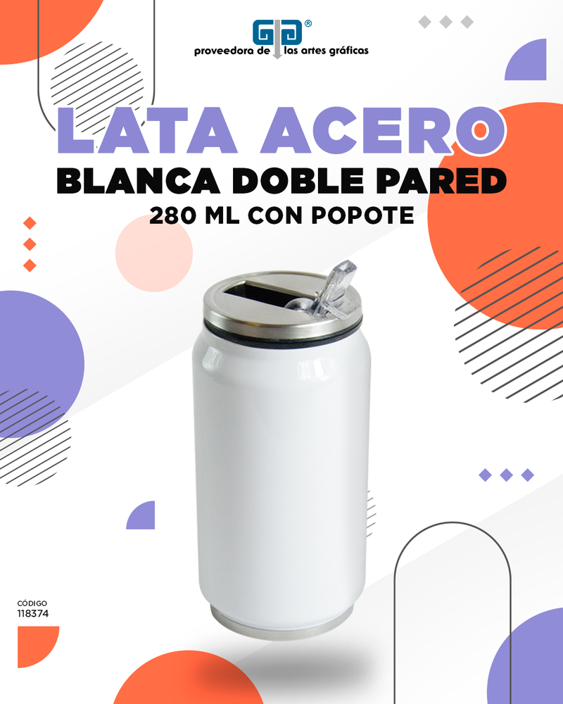 LATA ACERO INOXIDABLE BLANCA DOBLE PARED CON POPOTE PARA SUBLIMAR 280 ML SUBLIMACION ENCOGRAPHICS