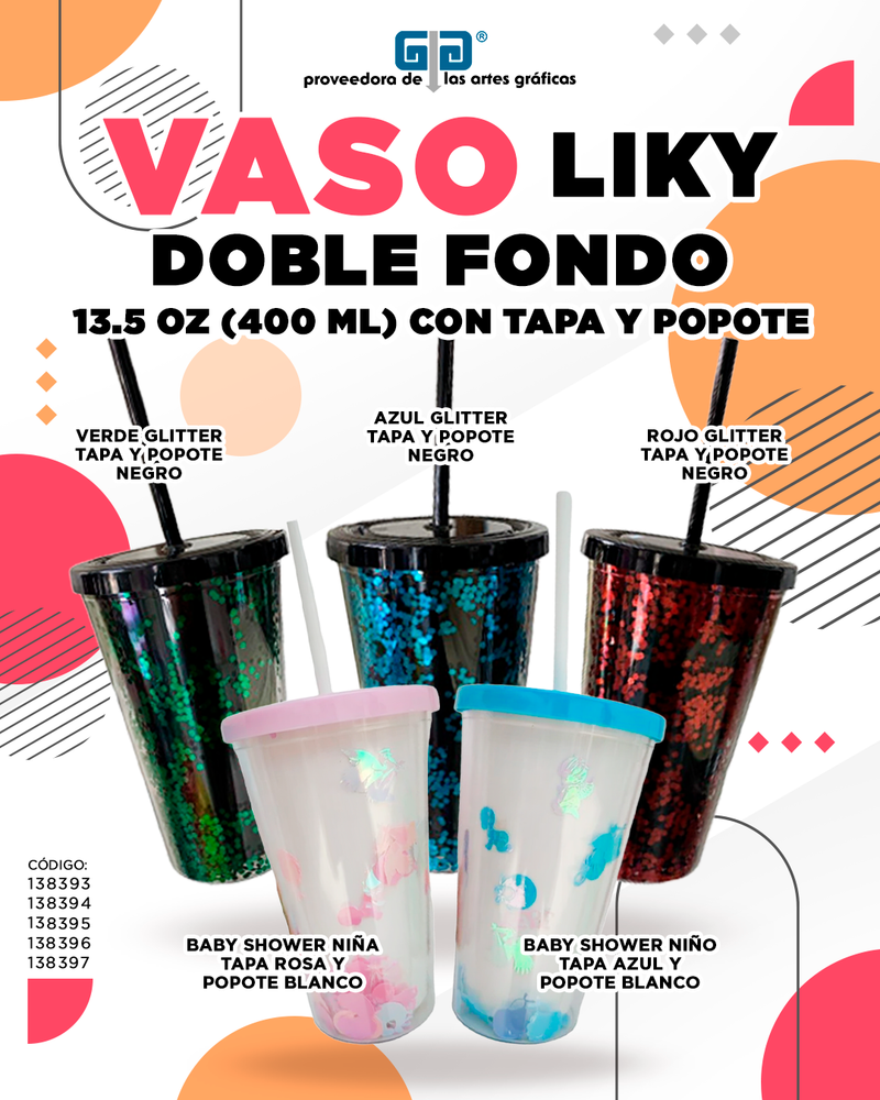 VASO LIKY CON GLITTER DOBLE FONDO TAPA Y POPOTE VARIOS COLORES 13.5 OZ,  400 ML