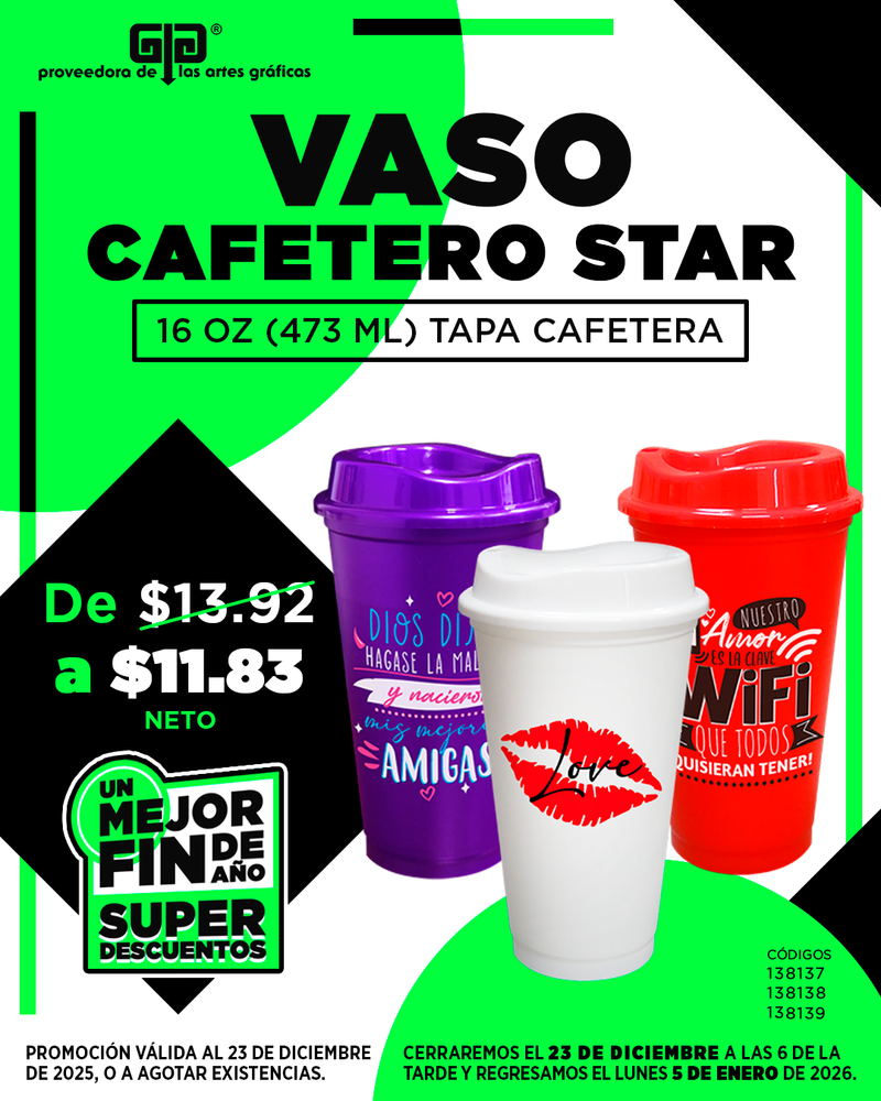 VASO CAFETERO STAR IMPRESO EN 3 MODELOS DE 16 OZ CON TAPA CAFETERA $11.83