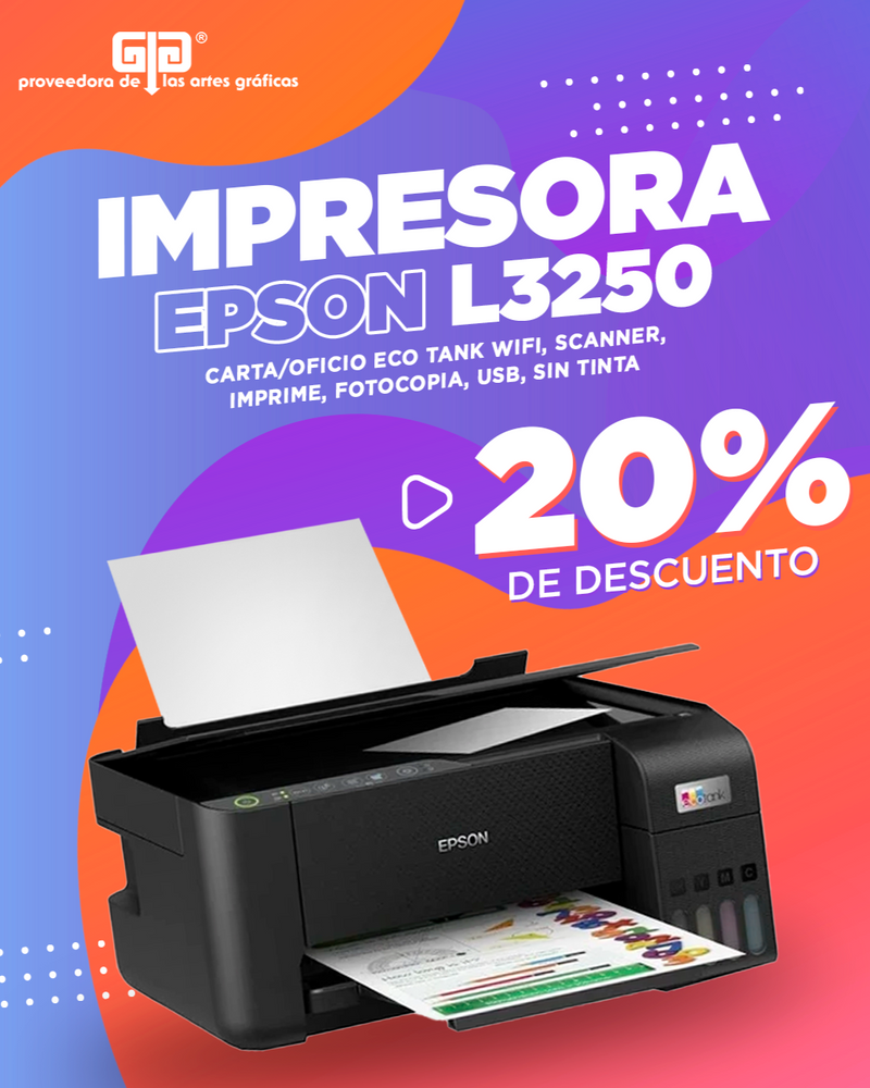 IMPRESORA EPSON L 3250 TAMAÑO CARTA ECO TANK WiFi, SCANNER, IMPRIME, FOTOCOPIA, USB
