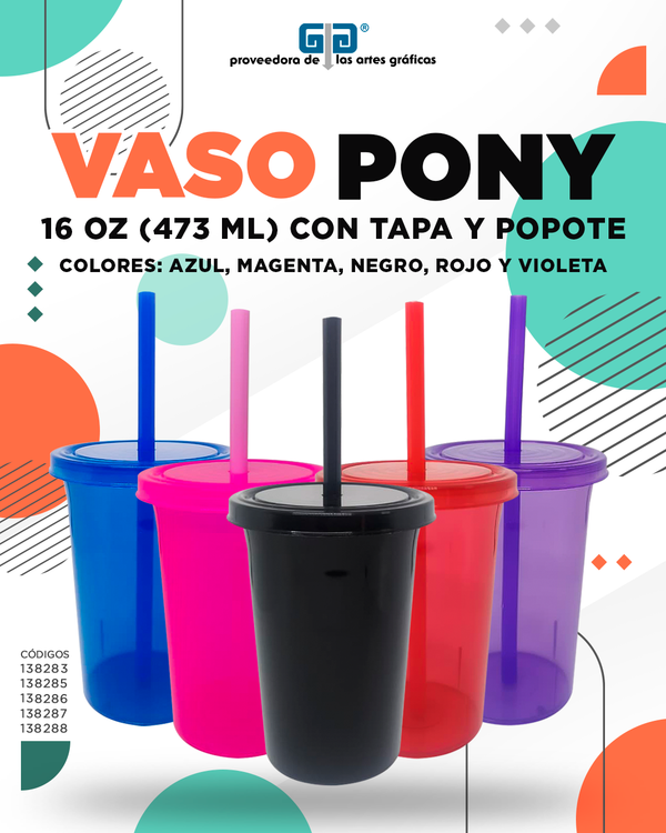 VASO PONY 16 OZ CON TAPA, VASO Y POPOTE DEL MISMO COLOR. 473 ml VARIEDAD EN COLORES